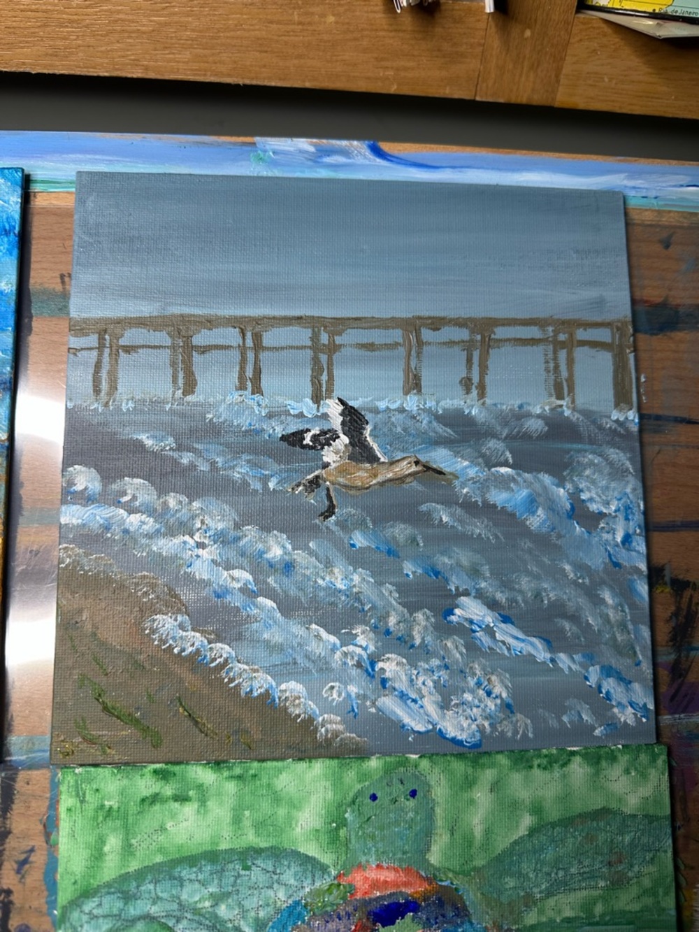Coastal Seagull Wave Painting in Blue and Gray by